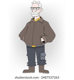 An illustration of a stern-looking security guard with white hair and glasses, dressed in a brown jacket and grey pants.