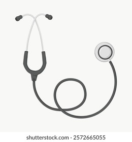 Illustration of a stethoscope with black tubing and earpieces. Medical tool for doctors and nurses. Stethoscope used in healthcare and medical exams. Aesthetic vector illustration isolated on white.