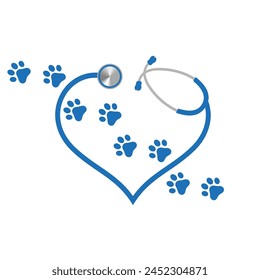 Illustration of stethoscope and dog paw print on white background.