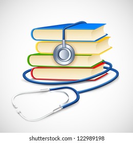 illustration of stethoscope on pile of medical book