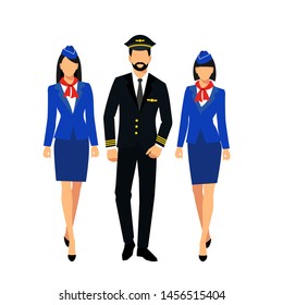 Illustration of stewardess dressed in blue uniform. Two flight attendants and a pilot isolated on a white background. vector illustration