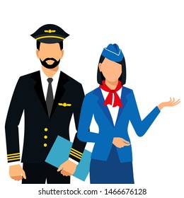 Illustration of stewardess dressed in blue uniform. Flight attendants and a pilot isolated on a white background. vector illustration