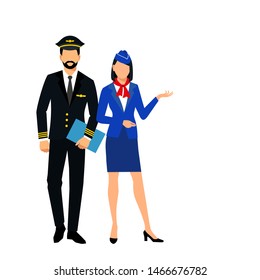 Illustration of stewardess dressed in blue uniform. Flight attendants and a pilot isolated on a white background. vector illustration