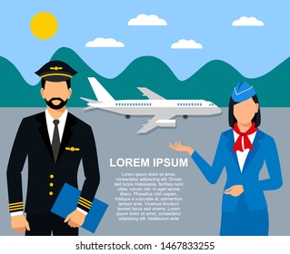 Illustration of stewardess dressed in blue uniform. Flight attendants and a pilot on the background of the plane. vector illustration