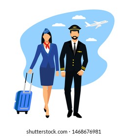 Illustration of stewardess dressed in blue uniform. Flight attendant and a pilot isolated on a white background. vector illustration