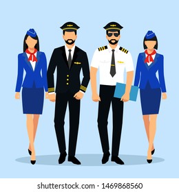 Illustration of stewardess dressed in blue uniform. Flight attendant and a pilot isolated on a white background. vector illustration