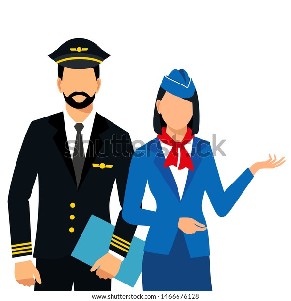 青の制服を着たスチュワーデスのイラスト 白い背景に客室乗務員とパイロット ベクターイラスト のベクター画像素材 ロイヤリティフリー