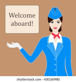 Illustration of stewardess welcoming for flight with space for text