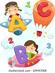 Illustration of Stick Children Carrying Letters of the Alphabet Onboard a Plane