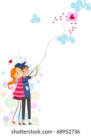 Illustration of a Stick Figure Couple Flying a Kite Together