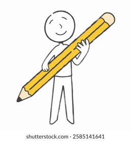 Illustration of a Stick Figure Holding a Giant Pencil, Perfect for Creativity, Writing, and Educational Themes A simple stick figure holding an oversized pencil, representing creativity, education, an