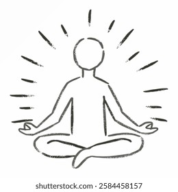 Illustration of stick figure isolated on a white background, sitting in a peaceful lotus position, radiating calm and focus. Ideal for wellness, yoga, or mindfulness content.