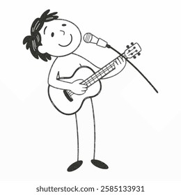 A Illustration of stick figure isolated on a solid background, holding a guitar, strumming with one hand and singing into a microphone. Represents music, joy, and creativity.