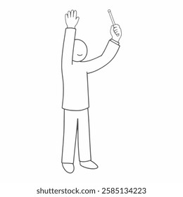 A Illustration of stick figure isolated on a solid background, holding a baton, conducting an orchestra. Ideal for musical themes, performances, or leadership concepts.