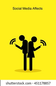 Illustration of stick figures standing back to back and using their smart phones while ignoring each other