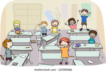 Illustration of Stick Kids making mess on their classroom