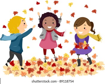 Illustration of Stick Kids Playing with Autumn Leaves