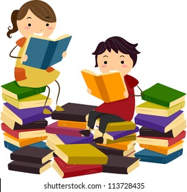 Illustration of Stick Kids Reading Books from Piles of Reading Materials