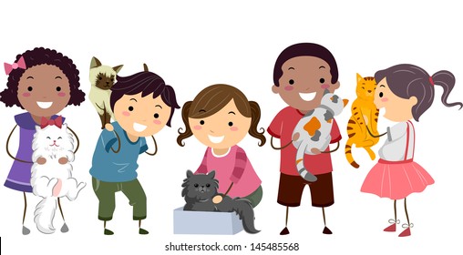 Illustration of Stick Kids with their Pet Cats