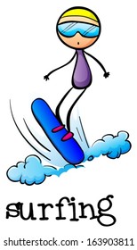 Illustration of a stick man surfing on a white background