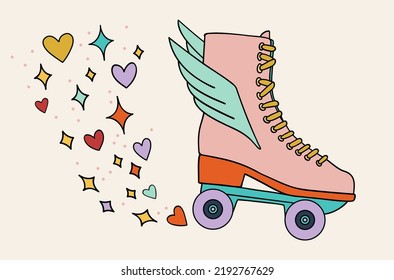 Illustration of a sticker from the 1970s set. Roller skate with wings. Bright memorable design.