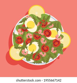 illustration sticker caesar salad with shrimp lemon rucola cherry tomatoes and egg in white plate on pink background