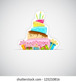 illustration of sticker of cake with colorful gift boxes on white background