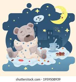 Illustration sticker in childrens flat cartoon style for childrens bedroom design decoration, little bear cub sitting with a pillow on a cloud on the background of the starry sky and the city