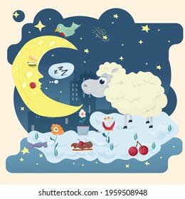 Illustration sticker in childrens flat cartoon style for childrens bedroom design decoration, a little lamb stands on a cloud next to the moon on the background of the starry sky and the city
