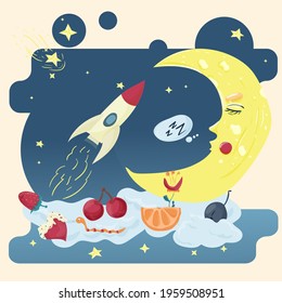 Illustration sticker in childrens flat cartoon style for childrens bedroom design decoration, The moon sleeps on the clouds on the background of the starry sky and the rocket