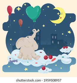 Illustration sticker in childrens flat cartoon style for childrens bedroom design decoration, little elephant sitting with balloons on a cloud on the background of the starry sky and the city