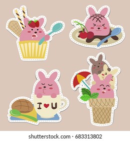 Illustration or sticker of dessert, cute vector cartoon, pink bunny dessert, cute sweet food and drink menu. 