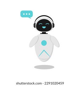 Illustration of a sticker with a happy robot who wants to communicate. A robot with artificial intelligence to communicate in a chat bot. The design is minimalistic in flat style.