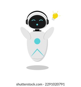 Illustration of a sticker with a robot that has an idea. A robot with artificial intelligence to communicate in a chat bot. The design is minimalistic in flat style.