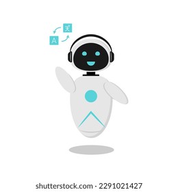 Illustration of a sticker with a robot that translates. A robot with artificial intelligence to communicate in a chat bot. The design is minimalistic in flat style.