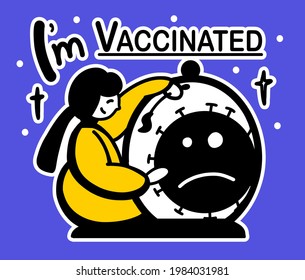Illustration of a sticker with a text phrase. I'm vaccinated. The girl is playing with a virus that is under the hood in a flask. A bright sticker with humor for vaccinations.