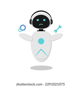 Illustration of a sticker with an upset robot that has a breakdown. A robot with artificial intelligence to communicate in a chat bot. The design is minimalistic in flat style.