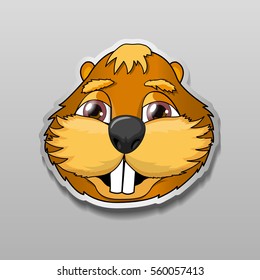 Illustration of sticker with a view of happy beaver. Head of a smiling beaver on a grey background.