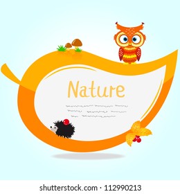 illustration stickers in form of a yellow leaf with a fun owl and hedgehog