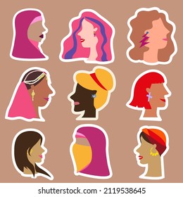 Illustration of Stickers with portrait of international girls isolated 