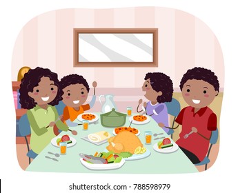 Illustration of Stickman African American Family Having a Meal