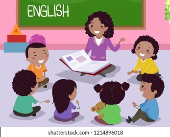 Illustration of Stickman African Kids and Teacher Sitting in a Circle with an Open Book and Discussing About English