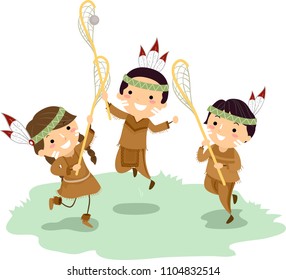 Illustration Of Stickman American Indian Kids Playing Lacrosse