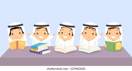 Illustration of Stickman Arab Kids Boys Wearing Thawb in Classroom Holding Books