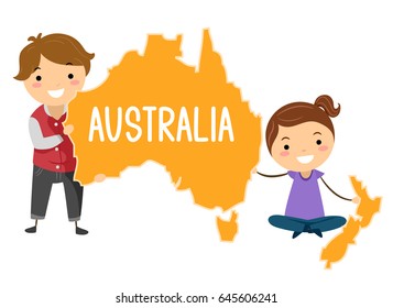 Illustration of Stickman Australian Kids Presenting the Continent of Australia