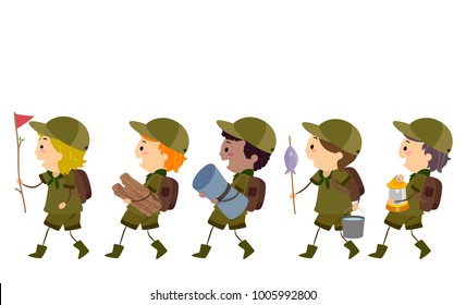 Illustration Of Stickman Boy Scouts Walking To The Left Carrying Flag, Wood, Mat, Fish And Lamp For Camping