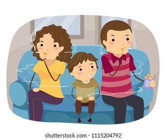 Illustration of a Stickman Boy Sitting Between Parent Smoking at Home