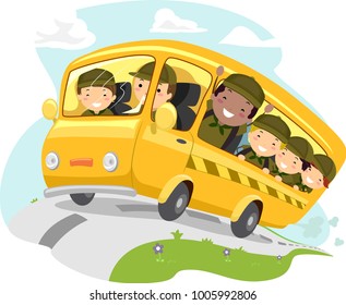 Ilustração de meninos Stickman vestindo uniformes de escoteiro cavalgando um ônibus amarelo