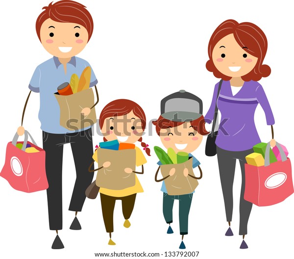 Illustration Stickman Family After Shopping Groceries Stock Vector ...