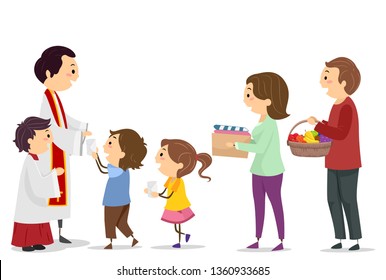 Illustration of Stickman Family Bringing Cash In Envelopes, Used Clothes and Basket of Fruits for Mass Offering